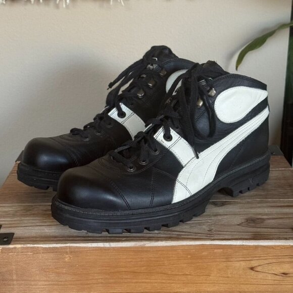 90s Vintage Puma Rudolf Dassler Black Ivory Leather Mid Lug Sole Boots Size 12 - Picture 1 of 17